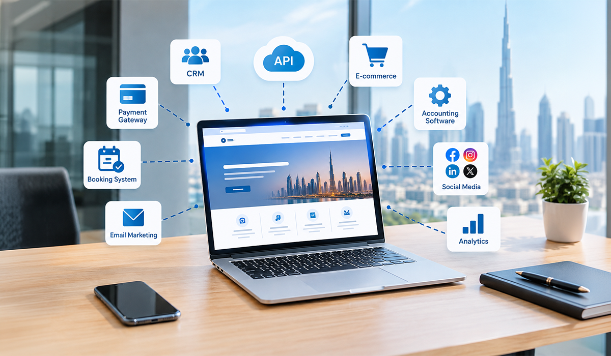 Web Development Services Dubai website connected with CRM, API, e commerce, payment gateway, accounting software, and social media tools