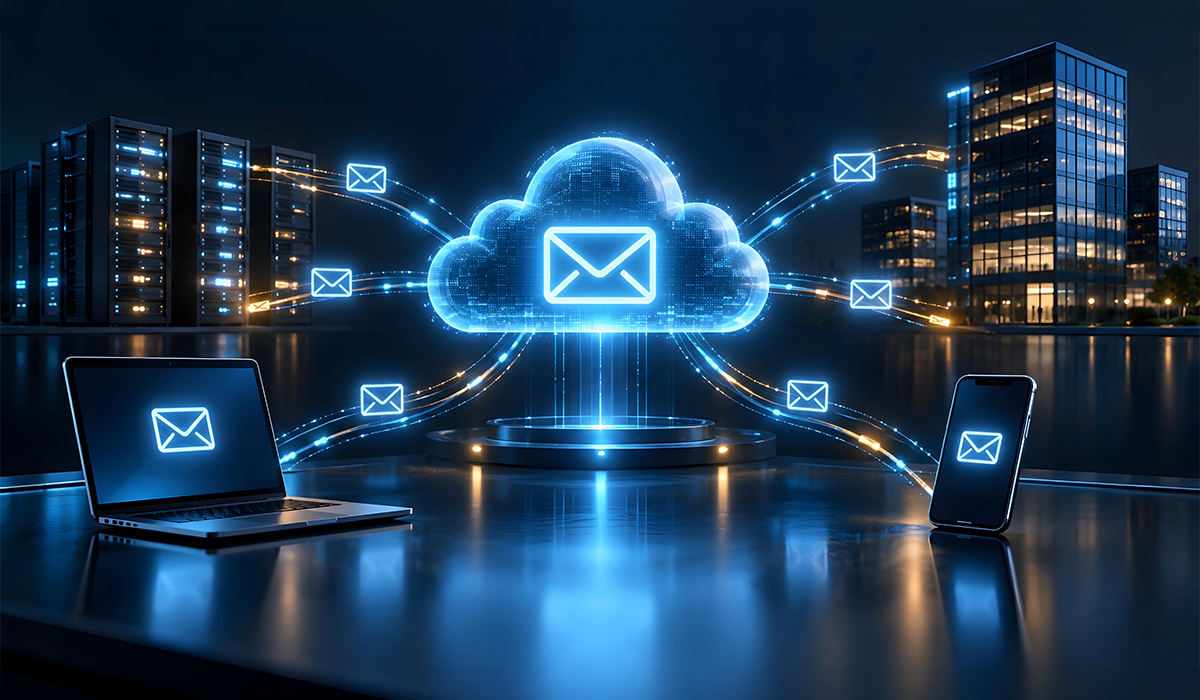Business Email Hosting Dubai connecting multiple devices through a secure cloud based email system 