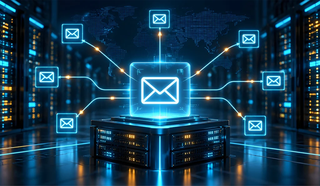 Business email hosting infrastructure connecting multiple business domains through a centralised email server system 