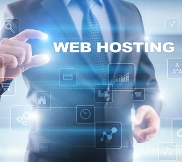 Website Hosting Provider with a businessman interacting with a digital web hosting interface, cloud services, analytics, and online business technology icons 