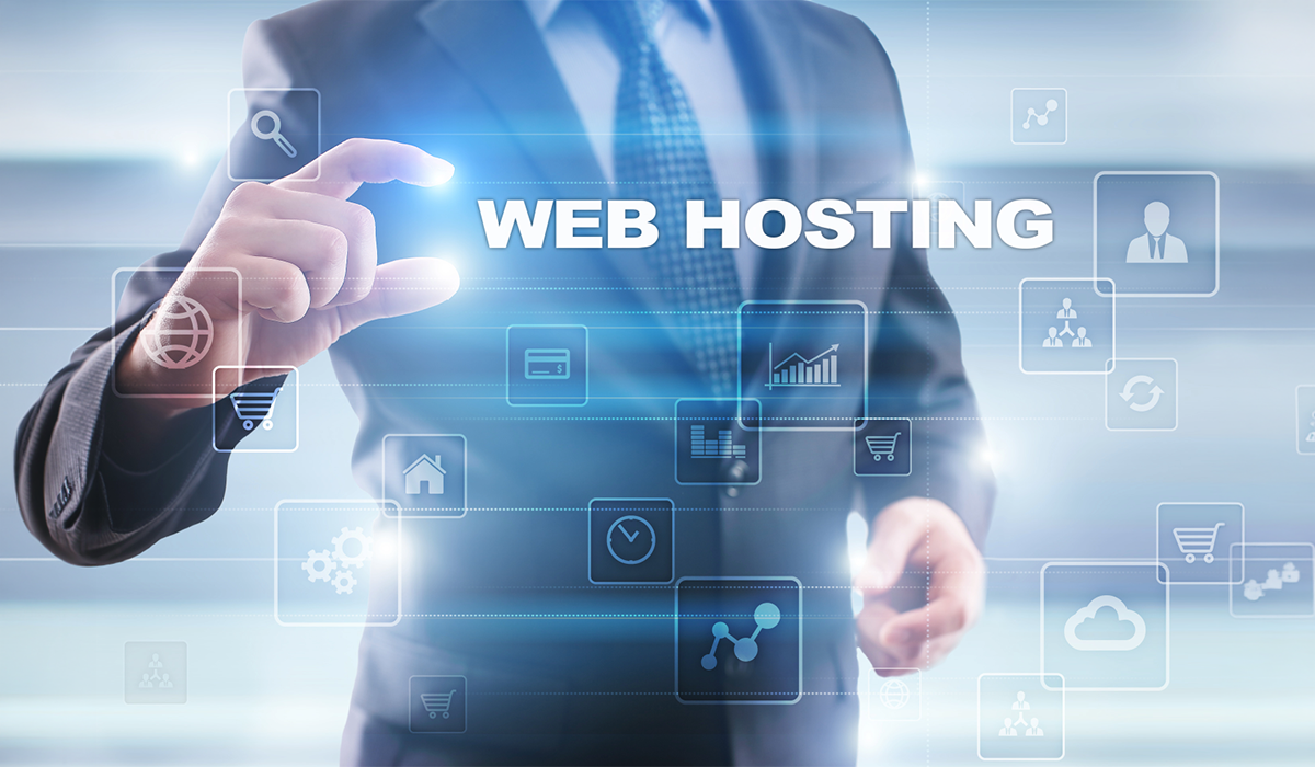 Website Hosting Provider with a businessman interacting with a digital web hosting interface, cloud services, analytics, and online business technology icons 